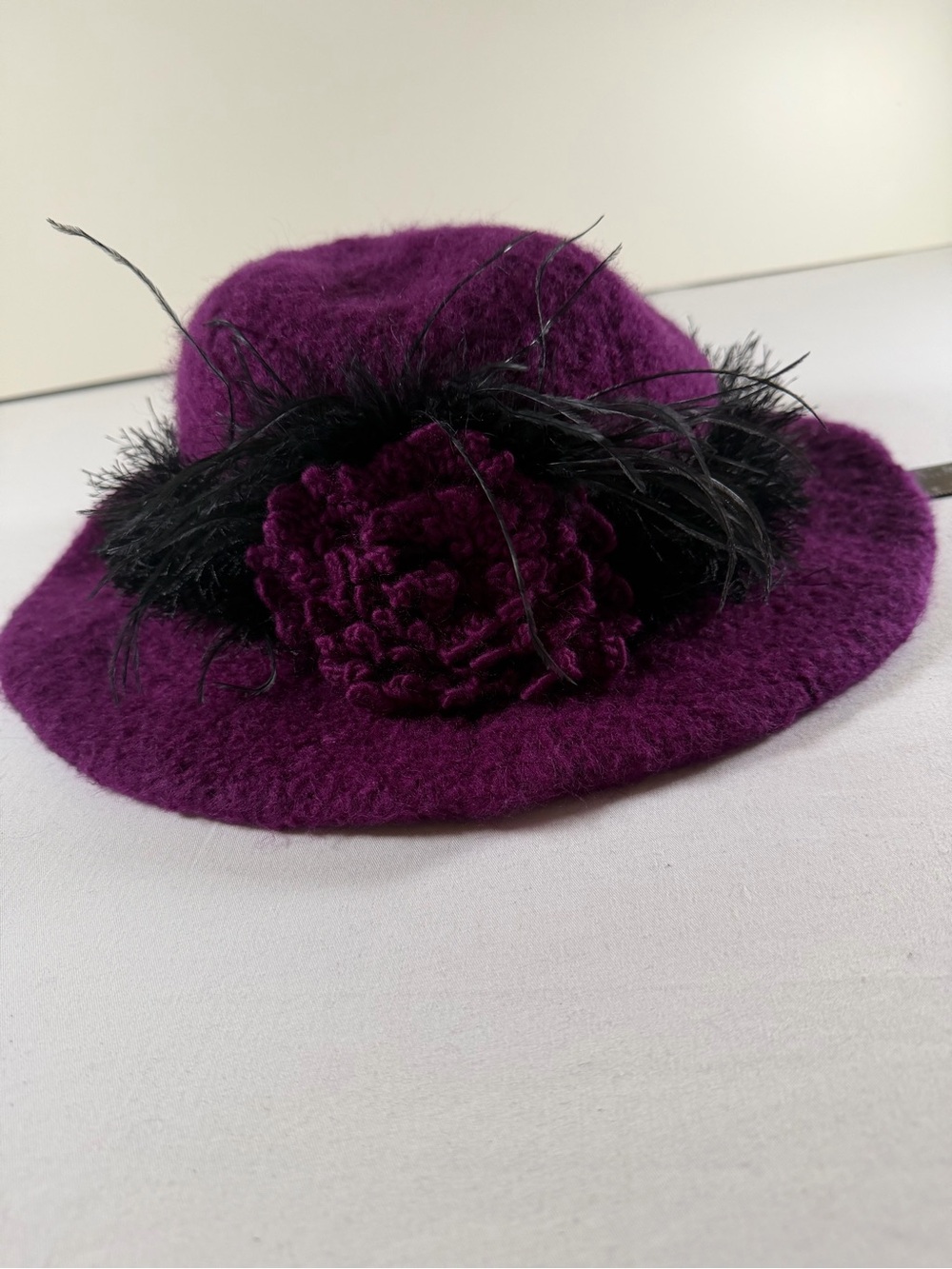 Plum Floral Felt Cloche Hat with Black Feather Trim
